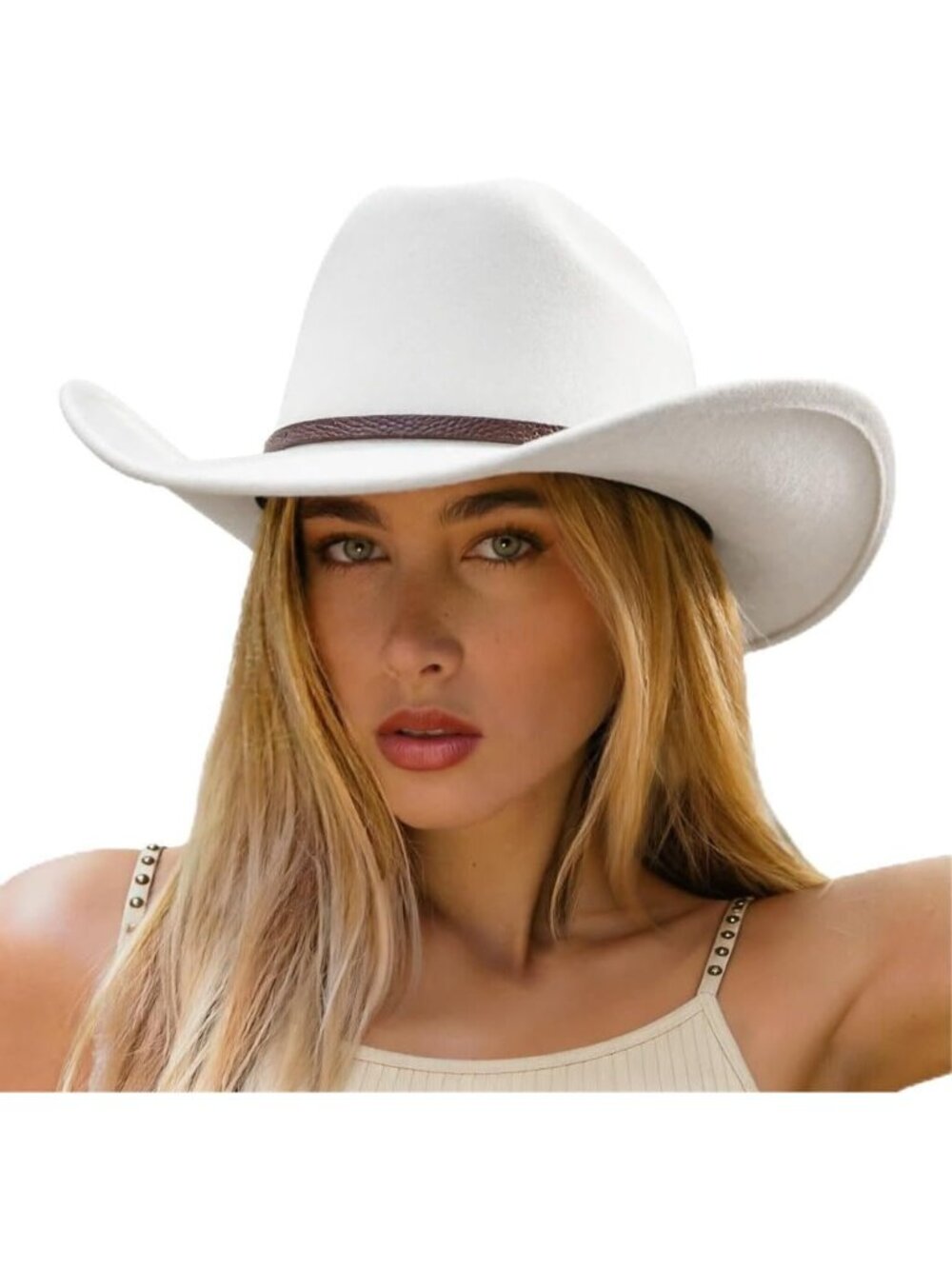 Unisex White Felt Wide Brim Cattleman Western Cowgirl Cowboy Rolled Up Hat